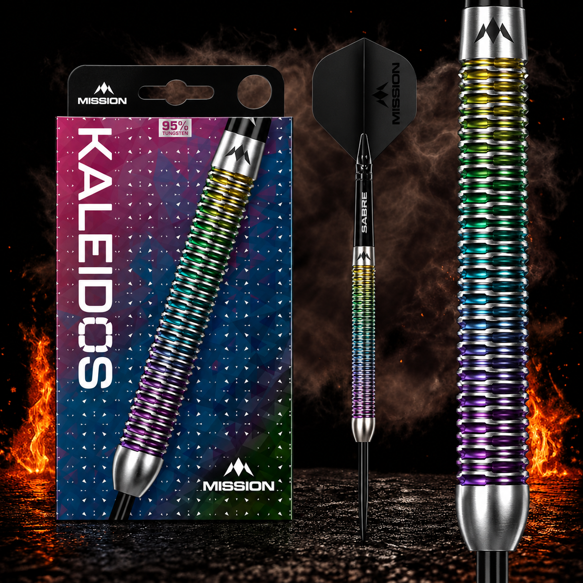 Mission Kaleidos Darts Steel Tip - 95% Tungsten – Verpackung, senkrechter Dart und Barrel-Detail vor dunklem Rauchhintergrund