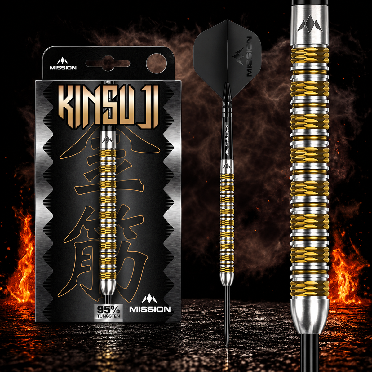 Mission Kinsuji Darts Steel Tip - 95% Tungsten – Verpackung, senkrechter Dart und Barrel-Detail vor dunklem Rauchhintergrund