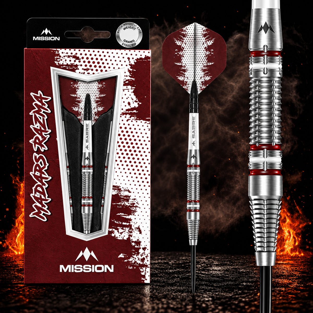 Mission Madars Razma Darts Steel Tip - 95% Tungsten – Verpackung, senkrechter Dart und Barrel-Detail vor dunklem Rauchhintergrund