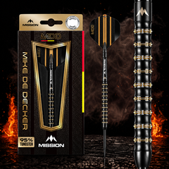 Mission Mike de Decker Darts Steel Tip - 95% Tungsten - Black & Gold PVD – Verpackung, senkrechter Dart und Barrel-Detail vor dunklem Rauchhintergrund