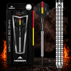Mission Mike de Decker Darts Steel Tip - 95% Tungsten - Silver – Verpackung, senkrechter Dart und Barrel-Detail vor dunklem Rauchhintergrund