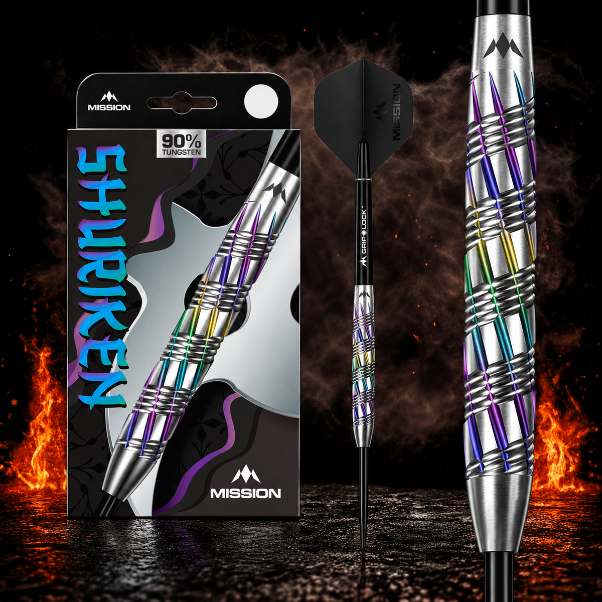 Mission Shuriken Darts Steel Tip - 90% Tungsten – Verpackung, senkrechter Dart und Barrel-Detail vor dunklem Rauchhintergrund