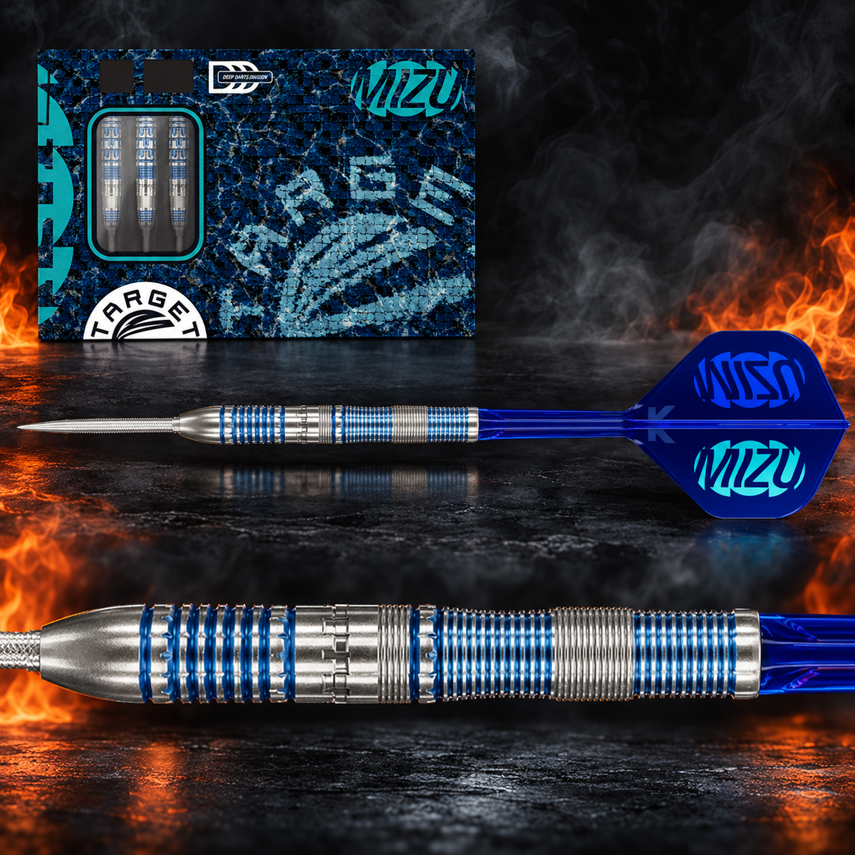Target Japan Mizu Series 02 Steeldart 90% – Originalverpackung, vollständiger Dart und vergrößertes Barrel-Detail