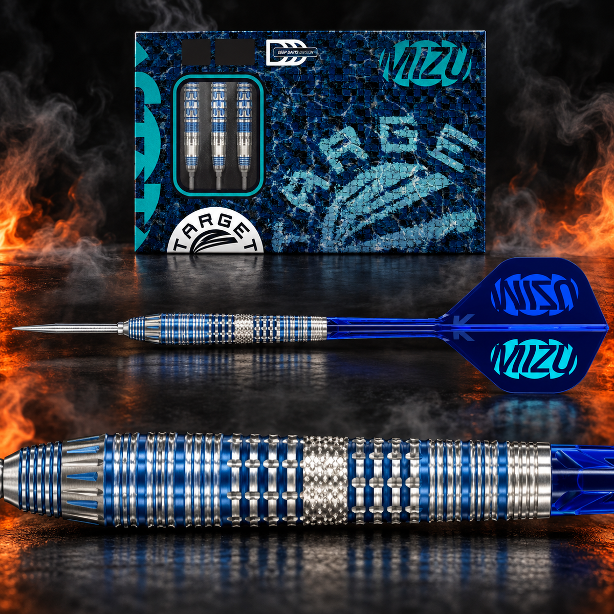 Target Japan Mizu Series 03 Steeldart 90% – Originalverpackung, vollständiger Dart und vergrößertes Barrel-Detail