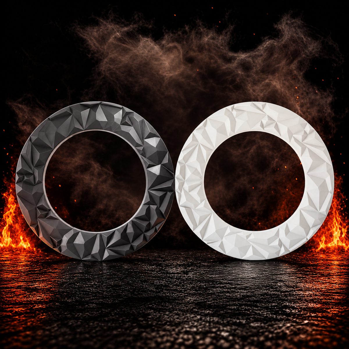 Precise180 Subterra 3D Dartboard Surround vor dunklem Rauchhintergrund mit dezenten orangefarbenen Flammen