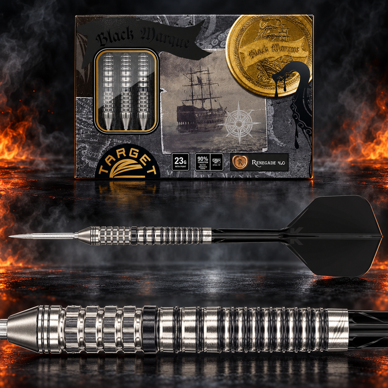 Target Japan Black Marque Renegade 4.0 Swiss Point Steeldart 90% – Originalverpackung, vollständiger Dart und vergrößertes Barrel-Detail