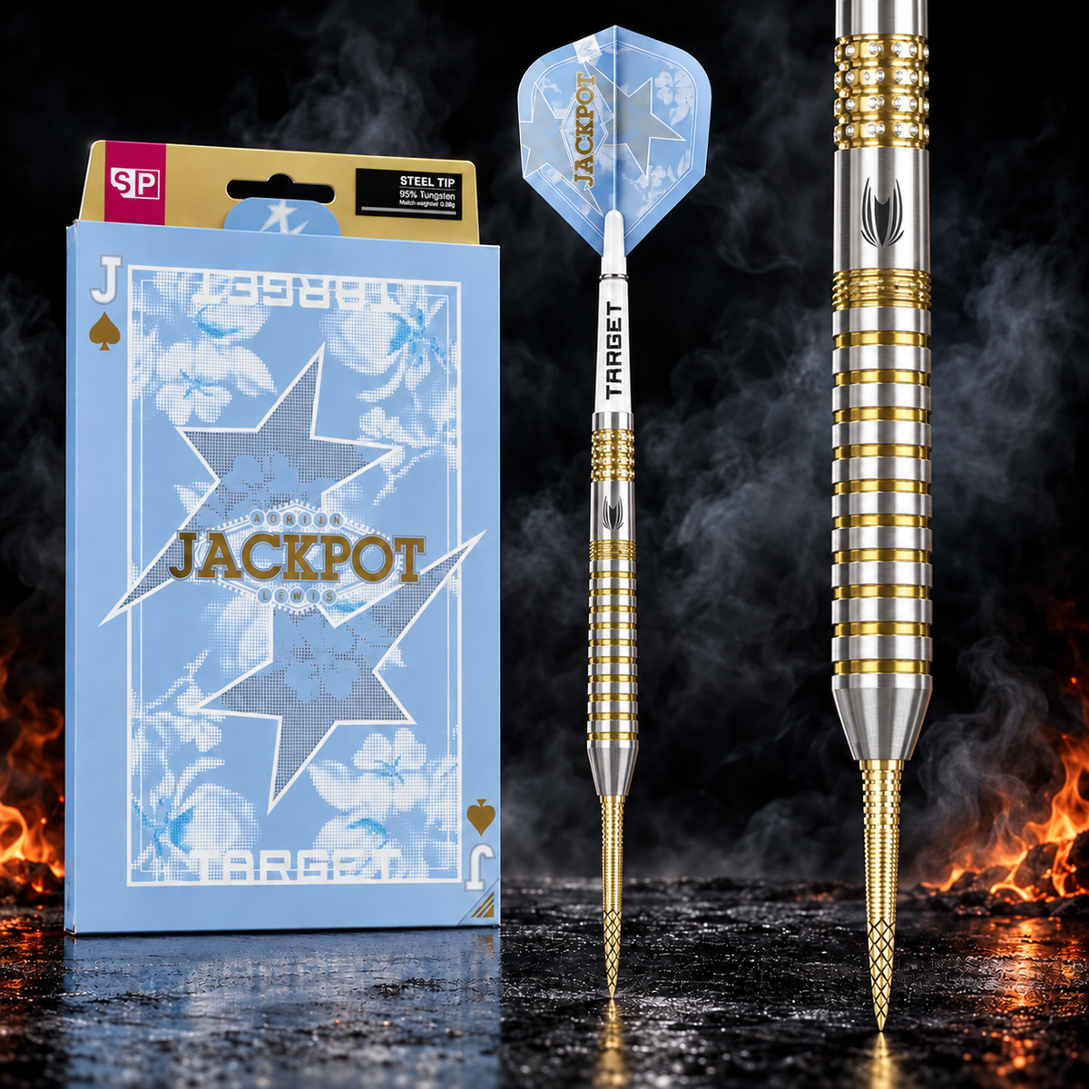 Target Adrian Lewis Showdown – Verpackung, senkrechter Dart und Barrel-Detail vor dunklem Rauchhintergrund