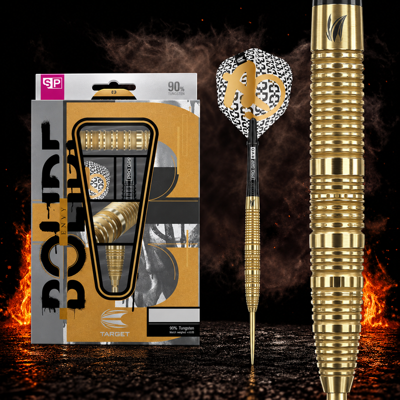 Target Bolide Envy 01 Swiss Point Steeldart 90% – Verpackung, senkrechter Dart und Barrel-Detail vor dunklem Rauchhintergrund
