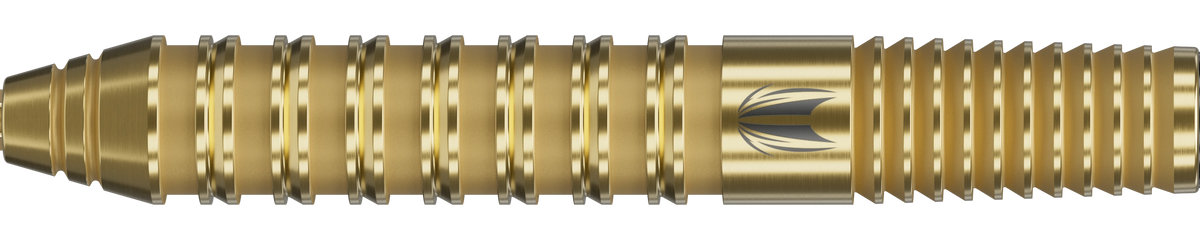 Target Bolide Envy 02 Swiss Point Steeldart 90% – Nahaufnahme des goldfarbenen Barrels mit Gripstruktur