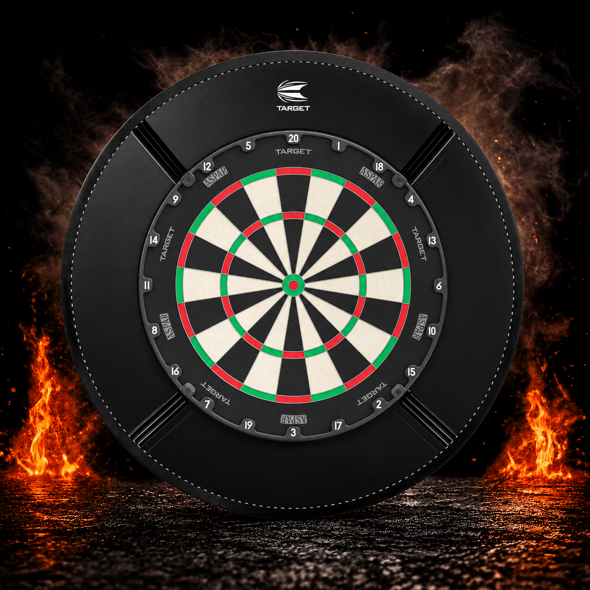 Target Corona Vision Licht – Dartboardlight vor dunklem Rauchhintergrund mit dezenten orangefarbenen Flammen