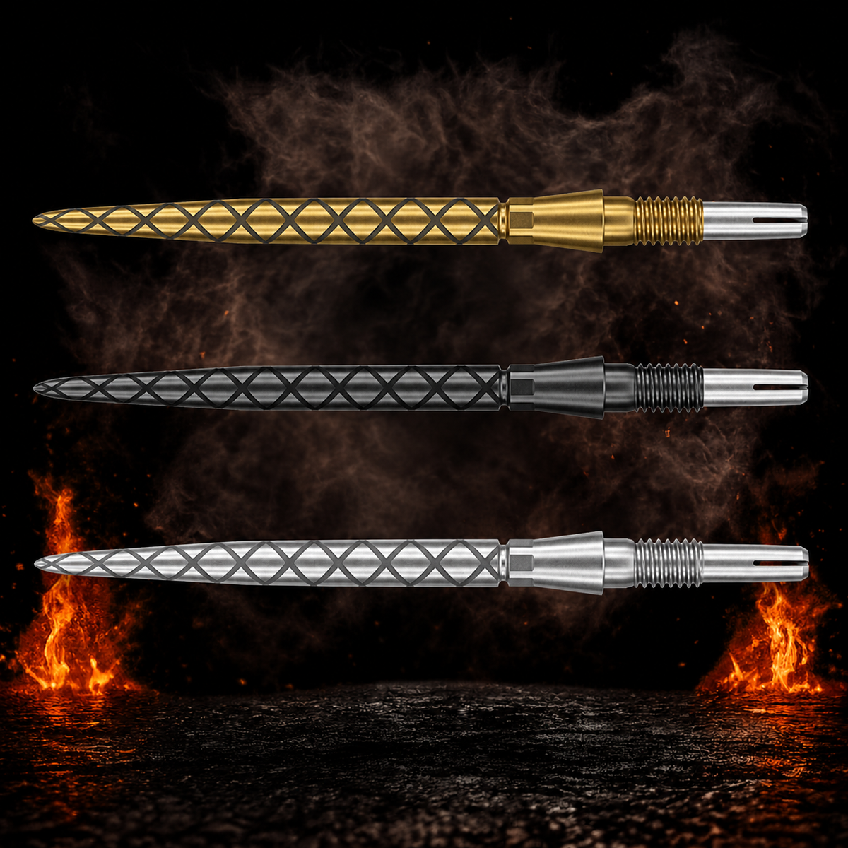Target Diamond Storm Swiss Point vor dunklem Rauchhintergrund mit dezenten orangefarbenen Flammen