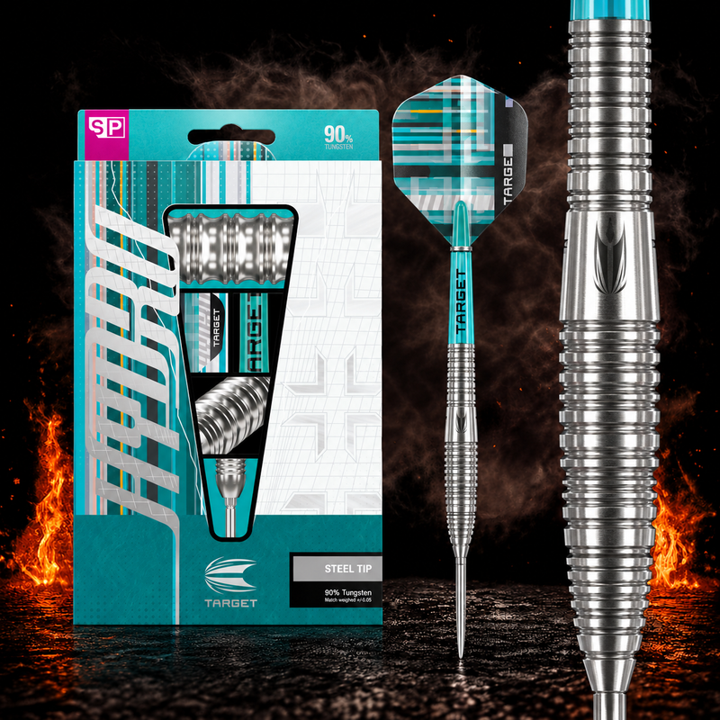 Target Hydro 03 Swiss Point Steeldart 90% – Verpackung, senkrechter Dart und Barrel-Detail vor dunklem Rauchhintergrund