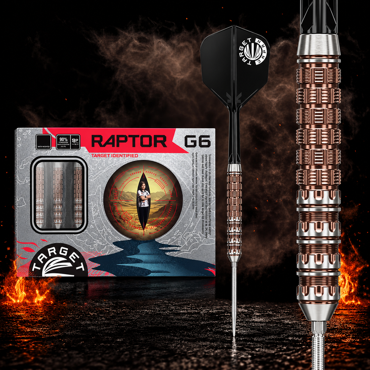 Target Japan George Nishitani Raptor G6 Steeldart 90% Swiss Point – Verpackung, senkrechter Dart und Barrel-Detail vor dunklem Rauchhintergrund