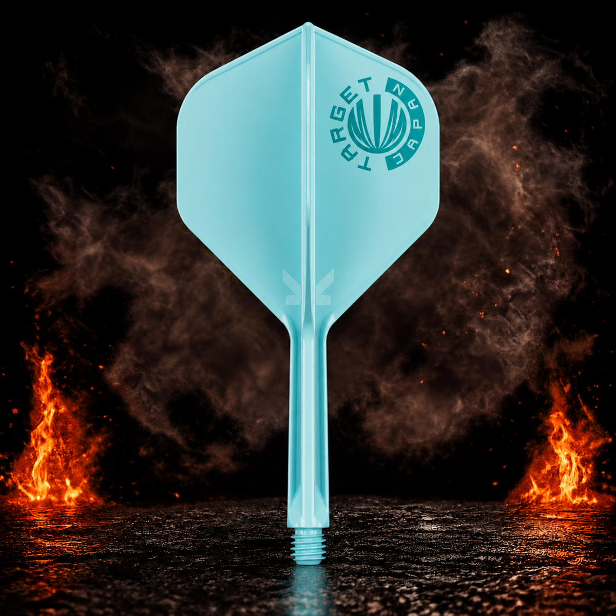 Target Japan K-Flex Exclusive Aquamarine No.2 vor dunklem Rauchhintergrund mit dezenten orangefarbenen Flammen