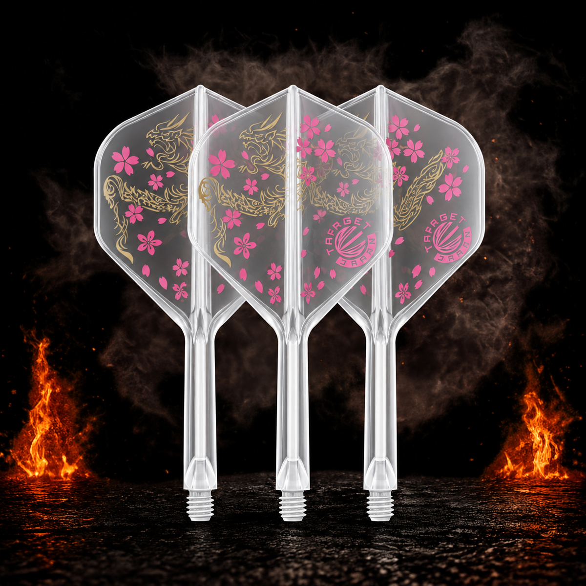 Target Japan K-Flex Junya Koikawa Smash No.2 Flight Shaft System mit goldenem Drachenmotiv und rosa Blüten vor dunklem Rauch- und Feuerhintergrund