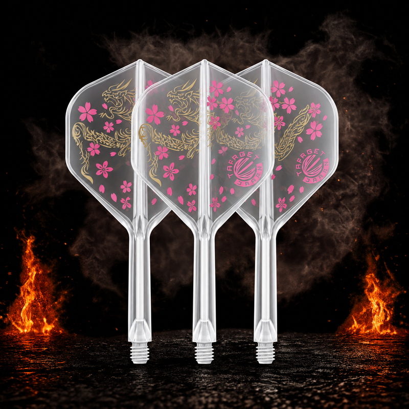 Target Japan K-Flex Junya Koikawa Smash No.2 Flight Shaft System mit goldenem Drachenmotiv und rosa Blüten vor dunklem Rauch- und Feuerhintergrund