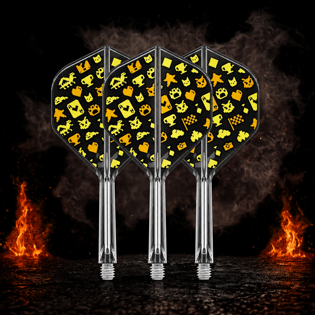 Target Japan K-Flex Mayo No.2 Flight Shaft System mit gelben Pixelmotiven vor dunklem Rauch- und Feuerhintergrund