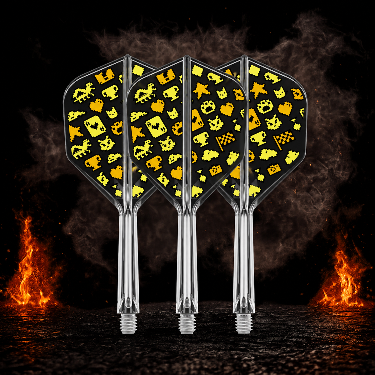 Target Japan K-Flex Mayo No.6 Flight Shaft System mit gelben Pixelmotiven vor dunklem Rauch- und Feuerhintergrund