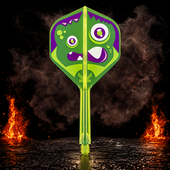 Target Japan K-Flex Xeno Standard No.2 Flight Shaft System vor dunklem Rauchhintergrund mit dezenten orangefarbenen Flammen