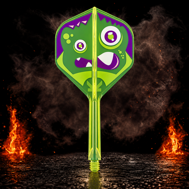Target Japan K-Flex Xeno Standard No.2 Flight Shaft System vor dunklem Rauchhintergrund mit dezenten orangefarbenen Flammen