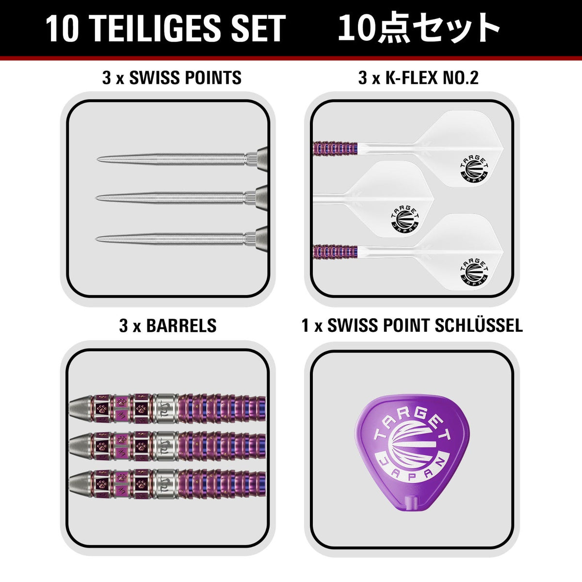 Target Japan Prime Series Mayo G8 Swiss Points – Lieferumfang mit drei Barrels, drei Swiss-Point-Spitzen, drei K-Flex-Systemen und Spitzenwerkzeug