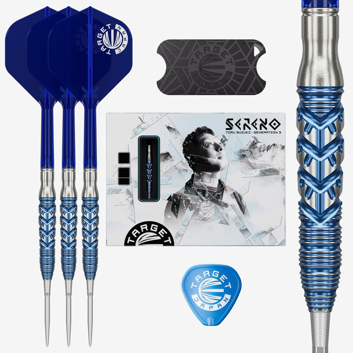 Target Japan Toru Suzuki Sereno G3 Swiss Point – Produktübersicht mit drei Darts, Verpackung, Barrel-Detail, Spitzenschutz und Swiss-Point-Schlüssel