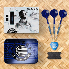 Target Japan Toru Suzuki Sereno G3 Swiss Point – Dartset mit drei Darts, Verpackung, Aufbewahrungsdose, Spitzenschutz und Werkzeug auf geflochtenem Untergrund