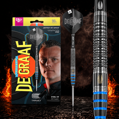Target Jeffrey de Graaf G1 Steeldart 90% – Verpackung, senkrechter Dart und Barrel-Detail vor dunklem Rauchhintergrund