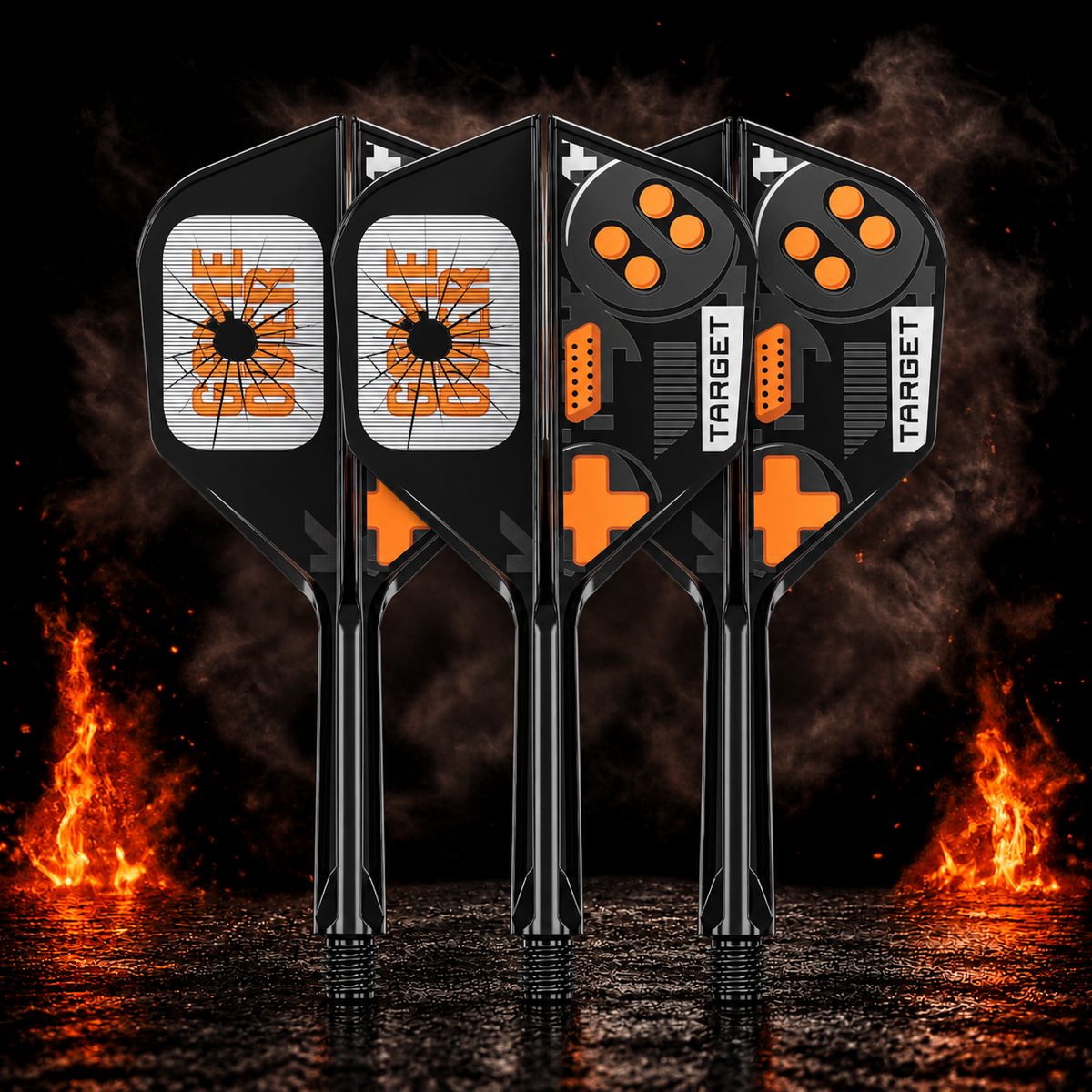 Target K-Flex Game Over Small Standard No.6 Flight Shaft System vor dunklem Rauchhintergrund mit dezenten orangefarbenen Flammen