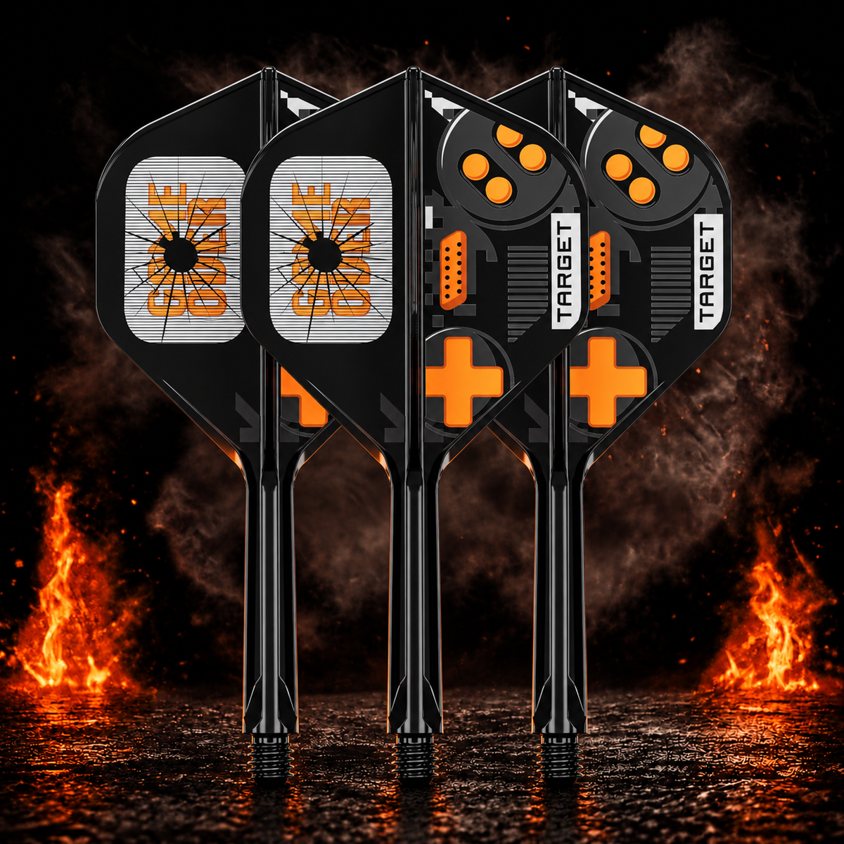 Target K-Flex Game Over Standard No.2 Flight Shaft System vor dunklem Rauchhintergrund mit dezenten orangefarbenen Flammen