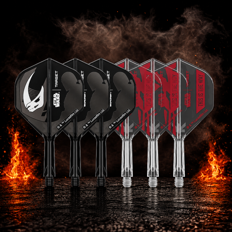Target K-Flex Mandalorian Standard No.2 (Multipack) vor dunklem Rauchhintergrund mit dezenten orangefarbenen Flammen