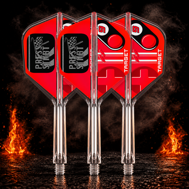 Target K-Flex Press Start Small Standard No.6 Flight Shaft System vor dunklem Rauchhintergrund mit dezenten orangefarbenen Flammen