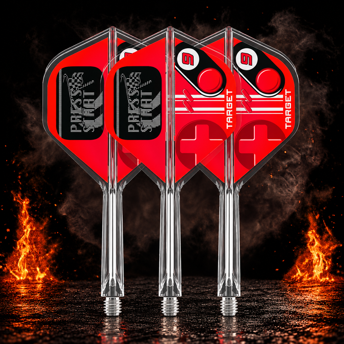 Target K-Flex Press Start Standard No.2 Flight Shaft System vor dunklem Rauchhintergrund mit dezenten orangefarbenen Flammen