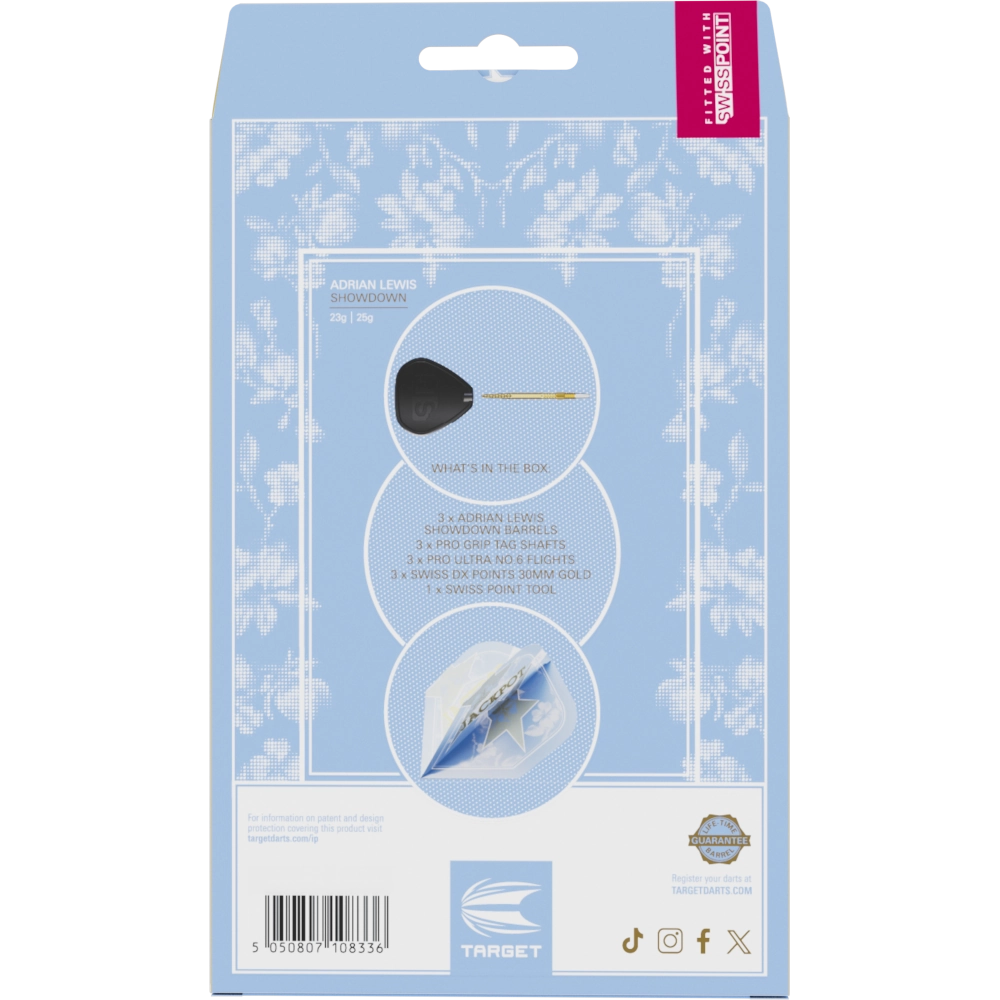 Target Adrian Lewis Showdown Swiss Point Steeldart 95% – Originalverpackung Rückseite