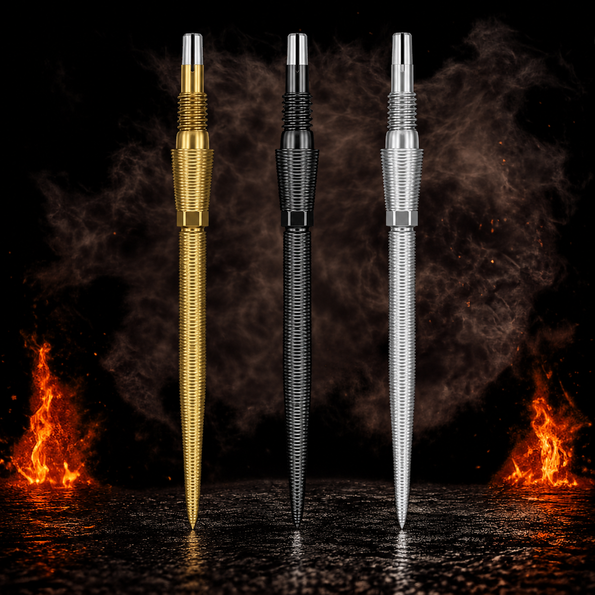Target Nano Storm Swiss Point vor dunklem Rauchhintergrund mit dezenten orangefarbenen Flammen