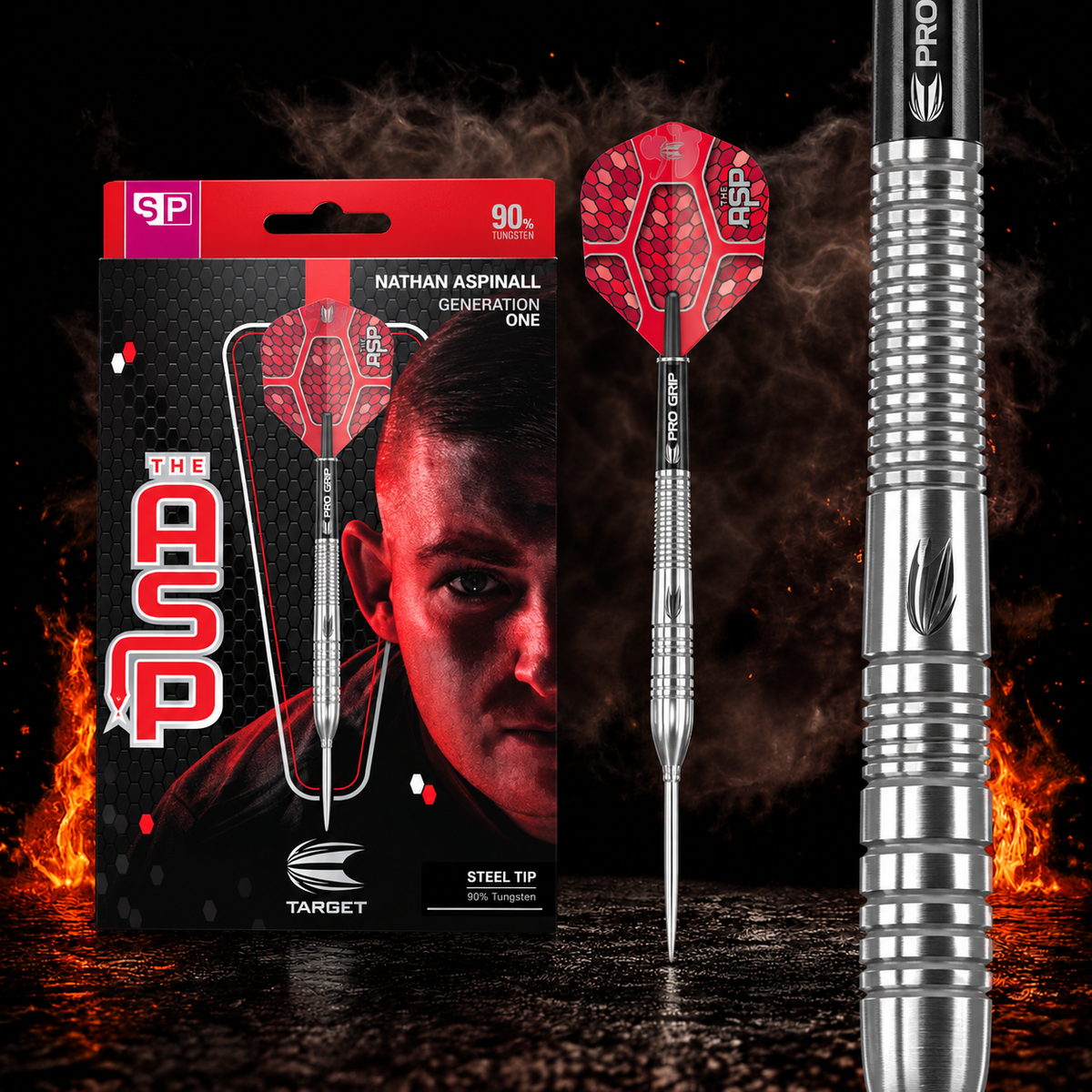 Target Nathan Aspinall G1 Swiss Point Steeldart 90% – Verpackung, senkrechter Dart und Barrel-Detail vor dunklem Rauchhintergrund
