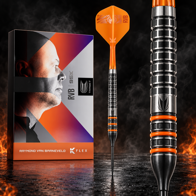 Target Raymond van Barneveld 95K – Verpackung, senkrechter Dart und Barrel-Detail vor dunklem Rauchhintergrund