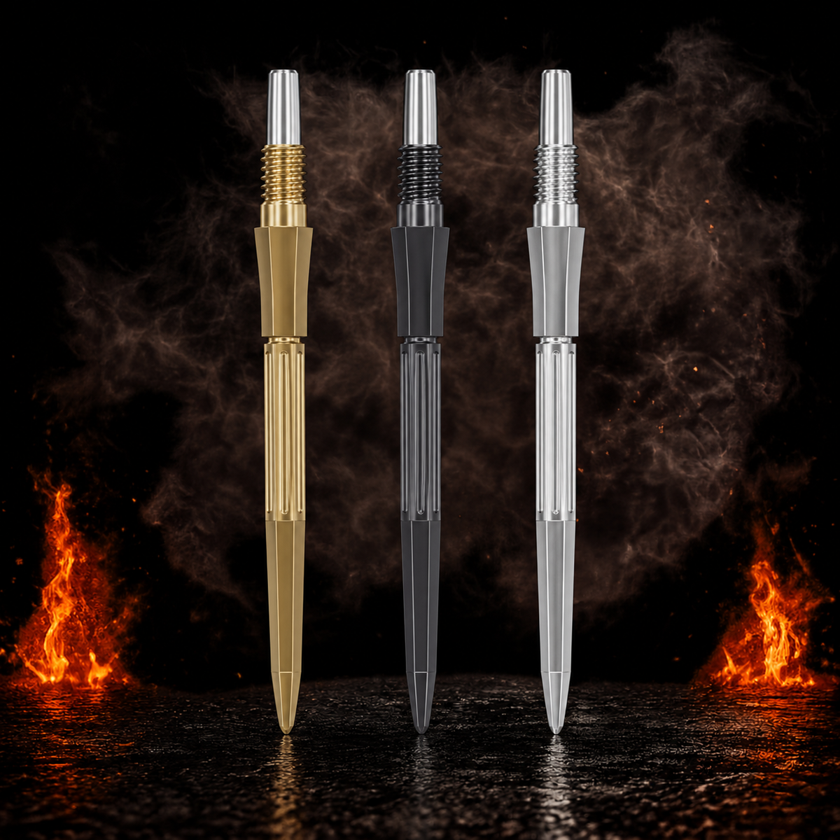 Target Signature Archetype 43 Swiss Point Spitzen vor dunklem Rauchhintergrund mit dezenten orangefarbenen Flammen