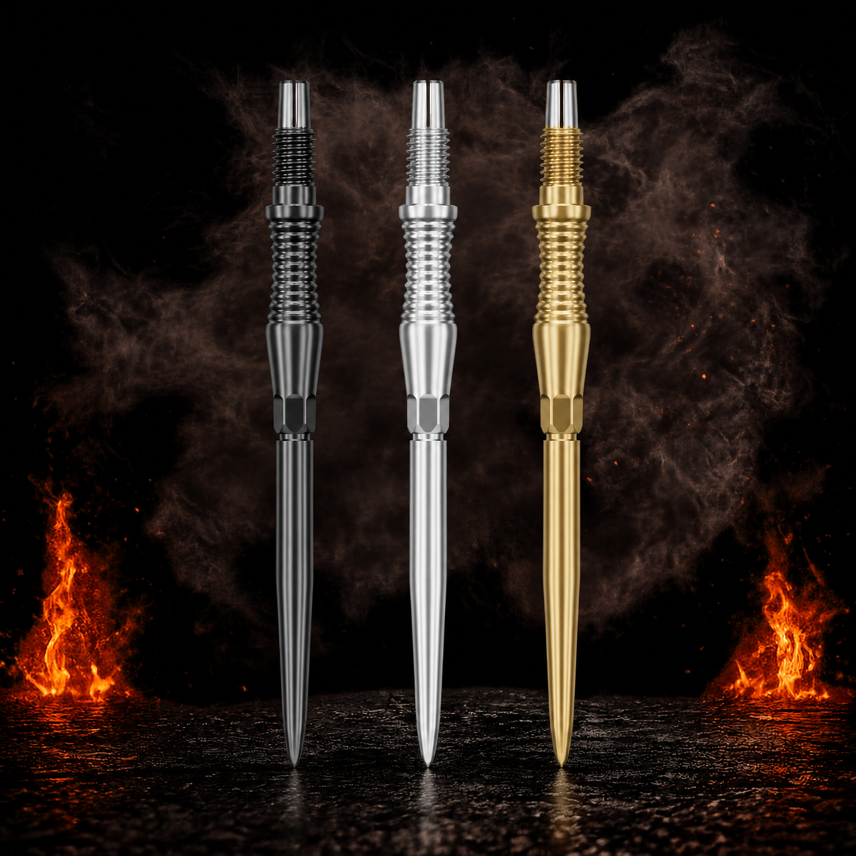 Target Signature RST Swiss Point Spitzen vor dunklem Rauchhintergrund mit dezenten orangefarbenen Flammen