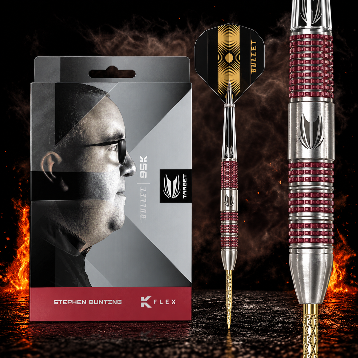 Target Stephen Bunting 95K Swiss Point Steeldart 95% – Verpackung, senkrechter Dart und Barrel-Detail vor dunklem Rauchhintergrund