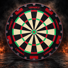 Target TOR EVO Dartboard mit rotem Zahlenring vor dunklem Rauchhintergrund