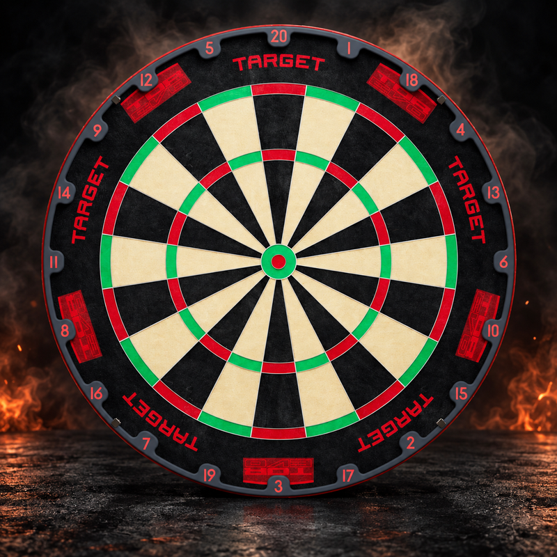 Target TOR EVO Dartboard mit rotem Zahlenring vor dunklem Rauchhintergrund