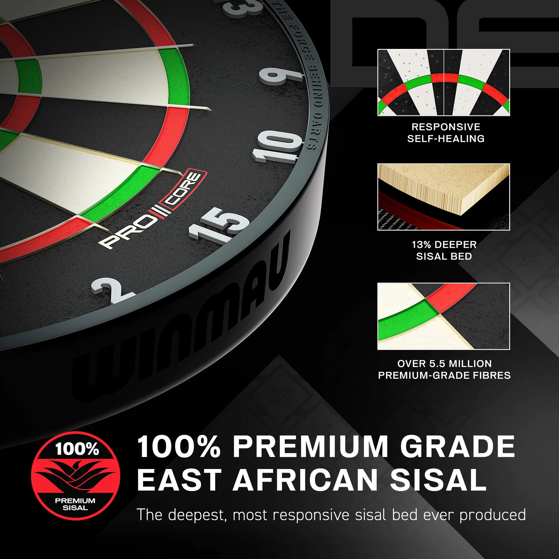 Detailaufnahme der Sisalfasern der Winmau Blade X Dartscheibe