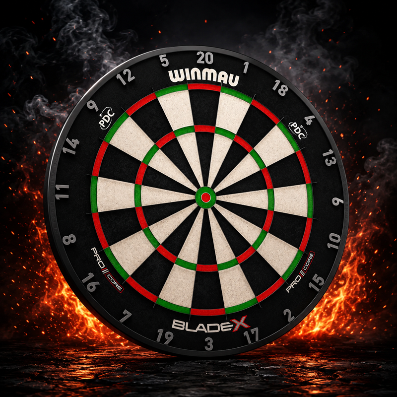 Winmau Blade X Dartscheibe aus Sisal in offizieller PDC Turnierqualität mit dünnem Drahtsystem und drehbarem Zahlenring für professionelles Darttraining