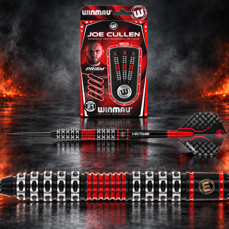 Winmau Joe Cullen SE Steeldart 90% - Profi Dartpfeile – Originalverpackung, vollständiger Dart und vergrößertes Barrel-Detail