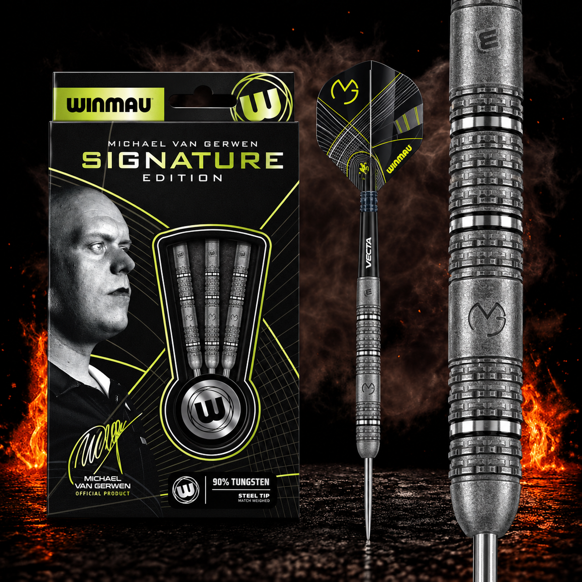 Winmau Michael van Gerwen Signature Edition Steeldart 90% – Verpackung, senkrechter Dart und Barrel-Detail vor dunklem Rauchhintergrund